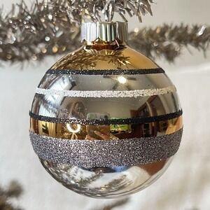 Radko Shiny Brite‎ Glitter Striped Ornament Ball Black Gold White Halloween Mcm